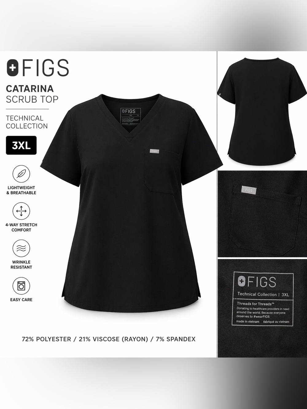 FIGS Technical Collection Catarina One-Pocket Scrub Top in Black Size 3X